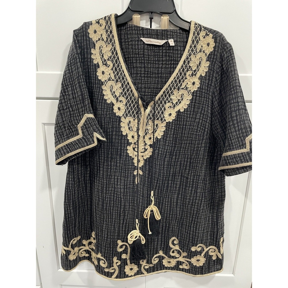 Soft Surroundings Womens Sz M Tunic Top Sahara Embroidery Tassels AK105